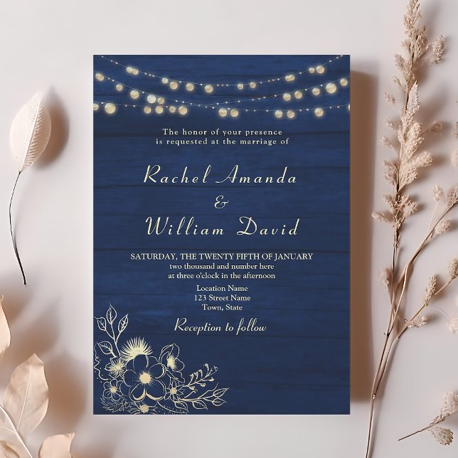 Invitación de boda rústica azul marino (Subido por el creador)