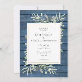 Invitación de boda rústica azul marino verde dorad