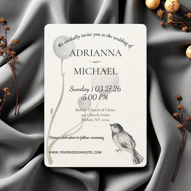 Invitación de boda rústica blanca, gris y pájaro (Subido por el creador)