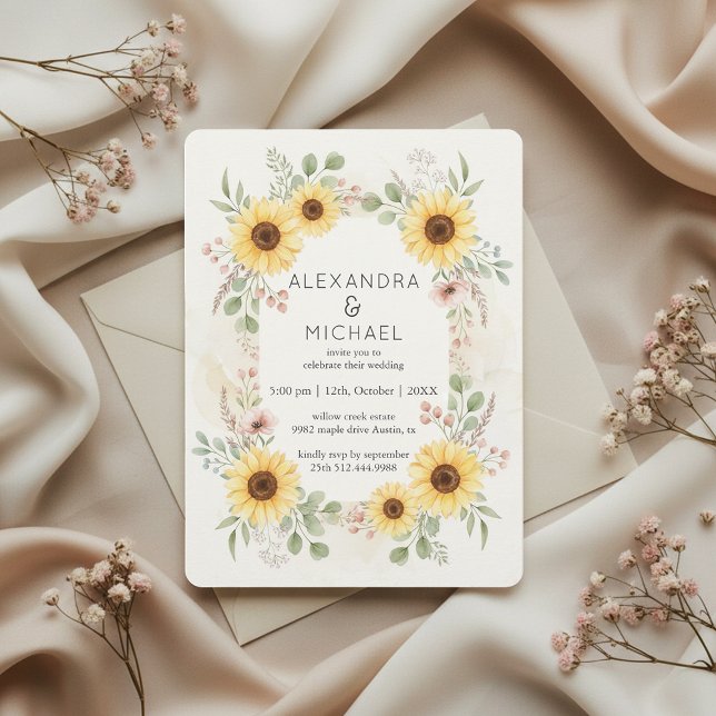 Invitación de boda rústica botánica de girasol (elegant rustic florals)