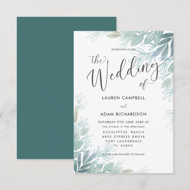 Invitación de boda rústica botánica verde salvia y (Anverso / Reverso)
