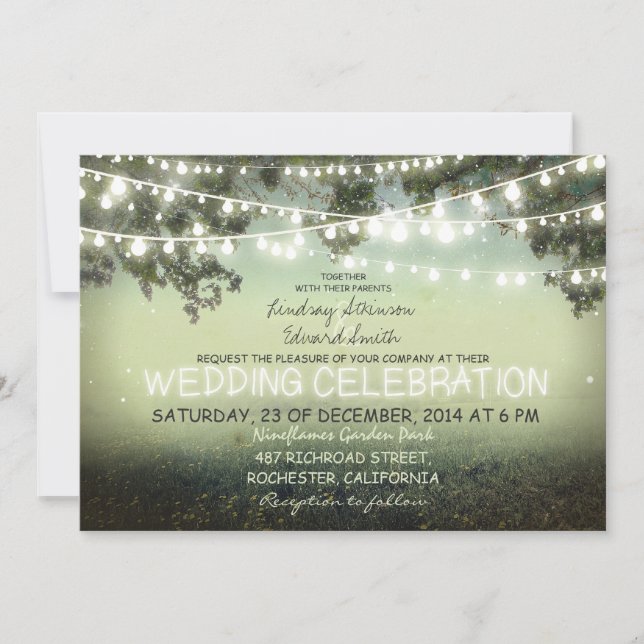 invitación de boda rústica con cuerdas de luces (Anverso)