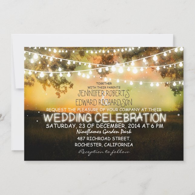 invitación de boda rústica con cuerdas de luces (Anverso)