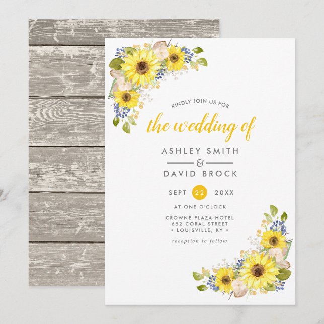 Invitación de boda rústica con girasoles al acuare (Anverso / Reverso)