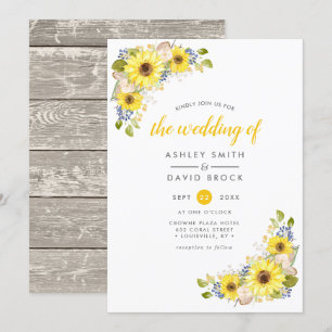 Invitación de boda rústica con girasoles al acuare