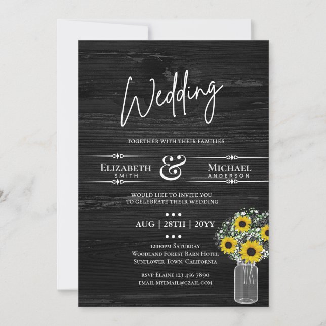 Invitación de boda rústica con girasoles negros y  (Anverso)