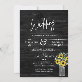Invitación de boda rústica con girasoles negros y 