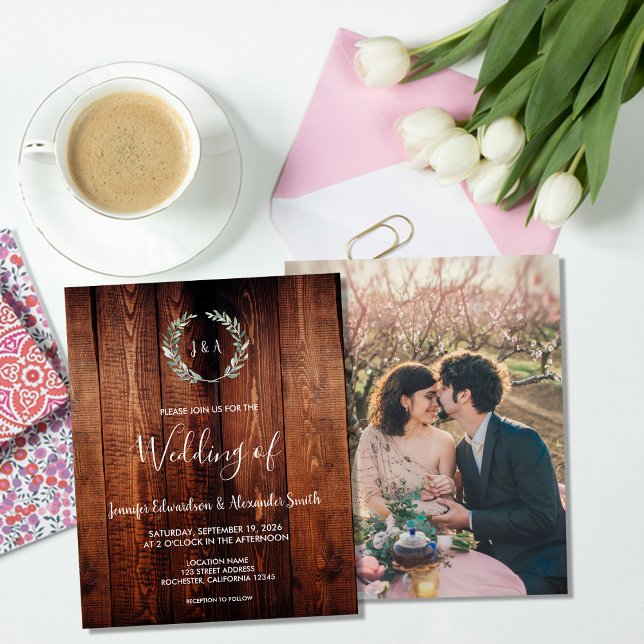 Invitación de boda rústica con hojas de acuarela c (Budget rustic watercolor leaves wedding invitation flyer. For your rustic country wedding.)