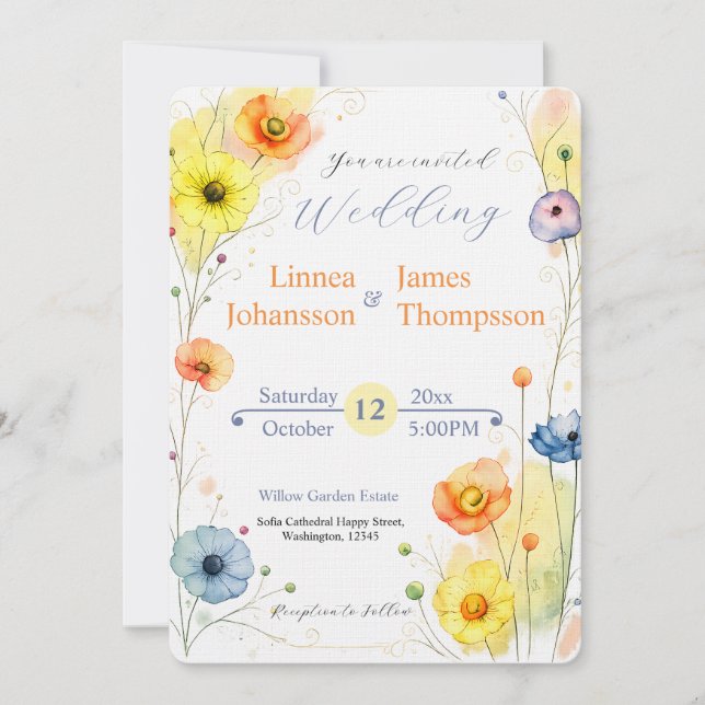 Invitación de Boda Rústica con Jardín de Anémonas  (Anverso)