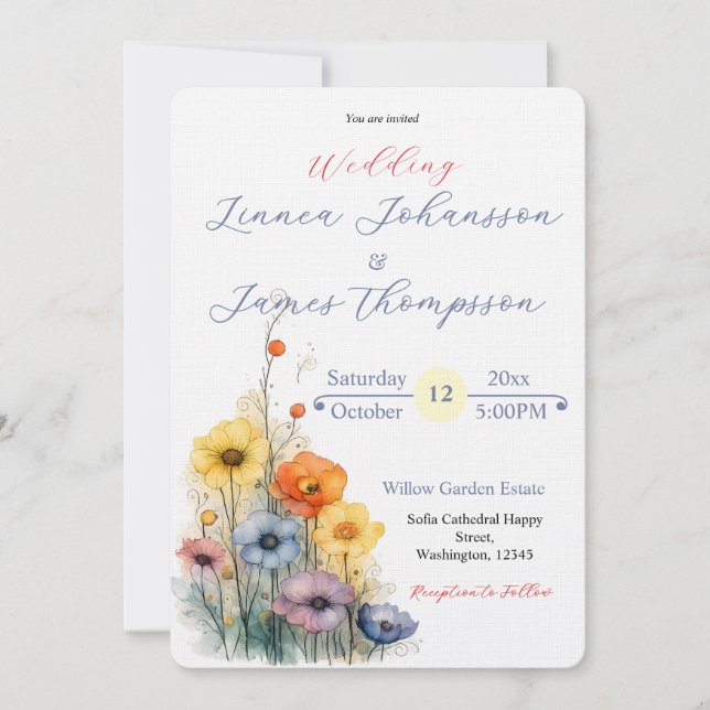 Invitación de Boda Rústica con Jardín de Anémonas  (Anverso)