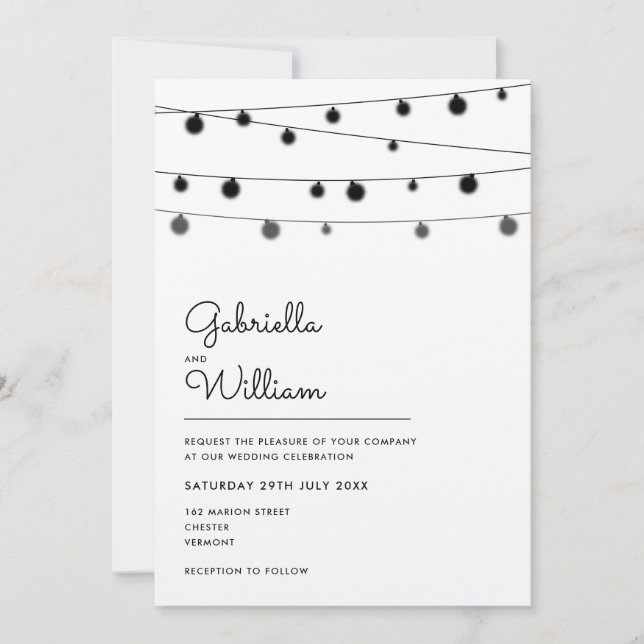 Invitación de boda rústica con luces de cuerda (Anverso)