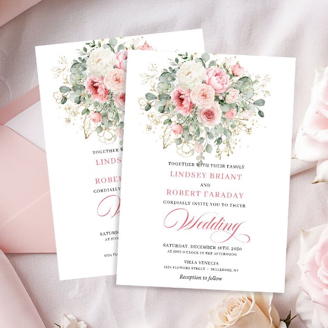 Invitación de boda rústica con peonía rosa y veget (Rustic Blush Peony Greenery Gold Wedding Invitation)