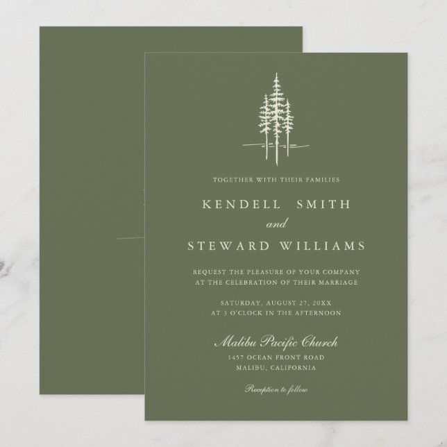 Invitación de boda rústica de bosque con árbol ver (Anverso / Reverso)
