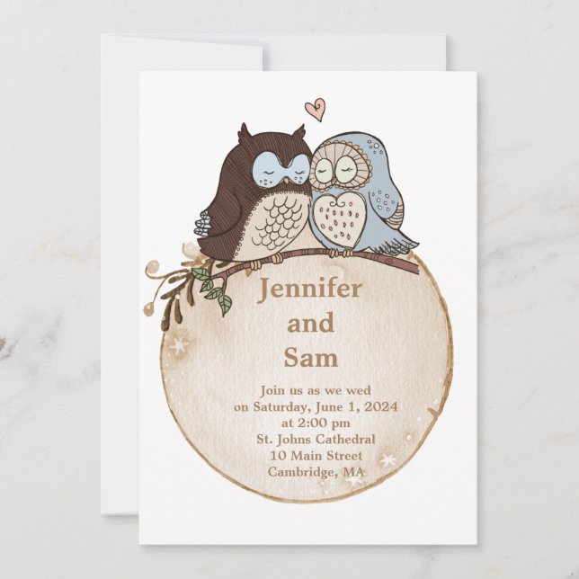 Invitación de boda rústica de bosque con búho lind (Anverso)