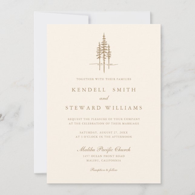Invitación de boda rústica de bosque de árbol dora (Anverso)