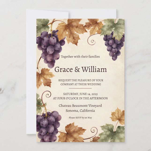 Invitación de boda rústica de cosecha de uva de vi (Anverso)