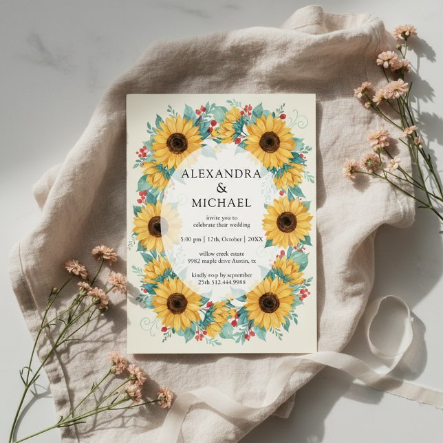 Invitación de boda rústica de girasol floral (Sunflower rustic wedding design with warm floral elegance)