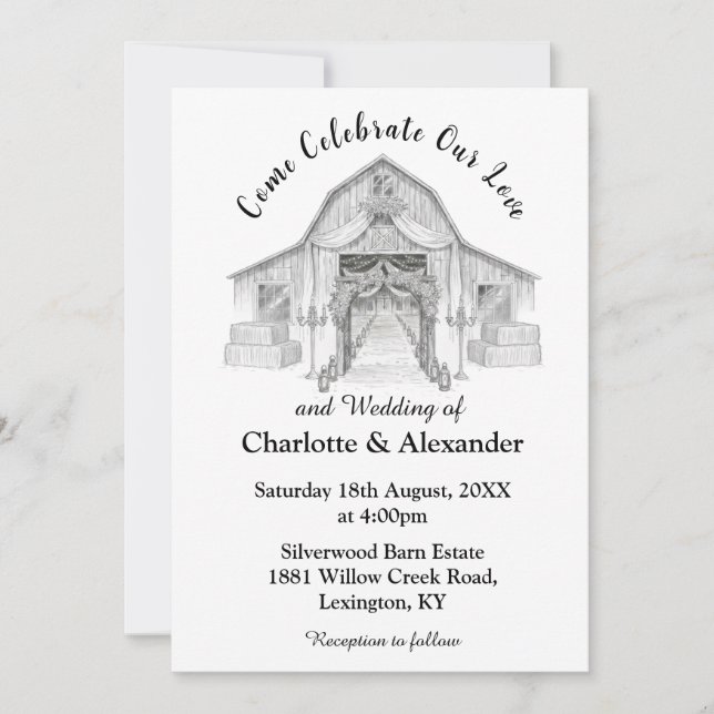 Invitación de boda rústica de granero en negro y b (Anverso)