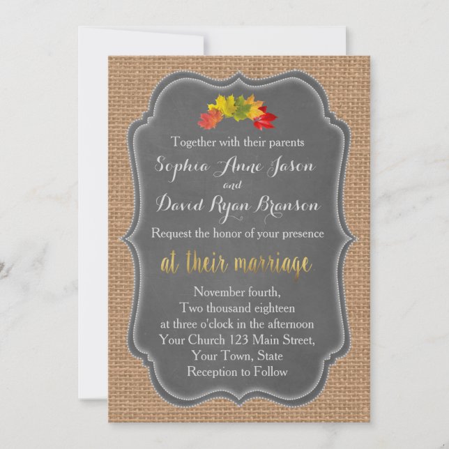 Invitación de boda rústica de hojas de otoño en ar (Anverso)