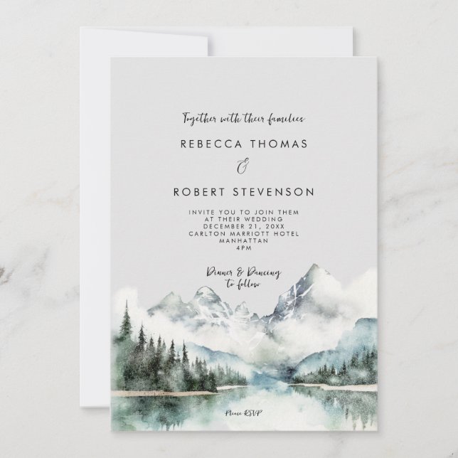 invitación de boda rústica de invierno en montaña (Anverso)