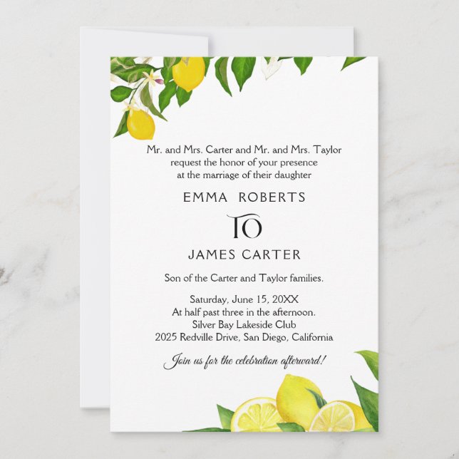 Invitación de boda rústica de limón (Anverso)