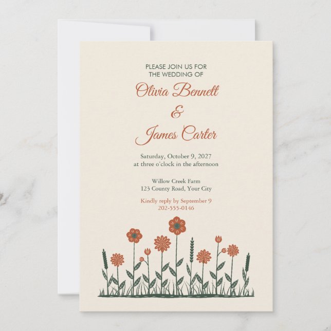 Invitación de boda rústica de linóleo con flores s (Anverso)