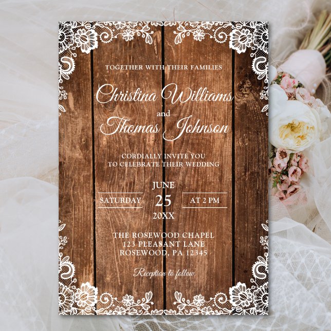 Invitación de boda rústica de madera con encaje (Subido por el creador)