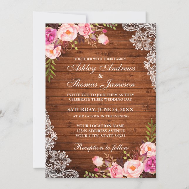 Invitación de boda rústica de madera con encaje fl (Anverso)