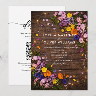 invitación de boda rústica de madera con flores si