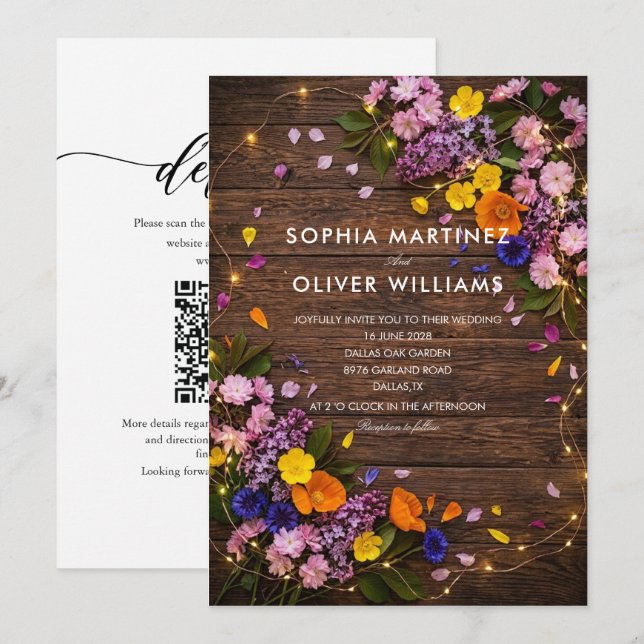 invitación de boda rústica de madera con flores si (Anverso / Reverso)