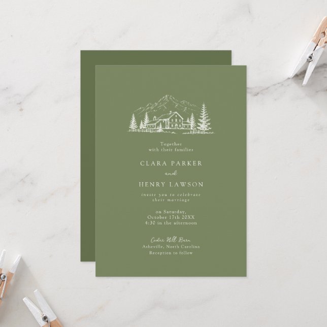 Invitación de boda rústica de montaña en verde osc (Anverso/Reverso In Situ)