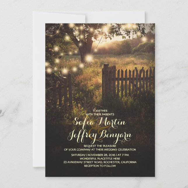 invitación de boda rústica de países con luces de  (Anverso)