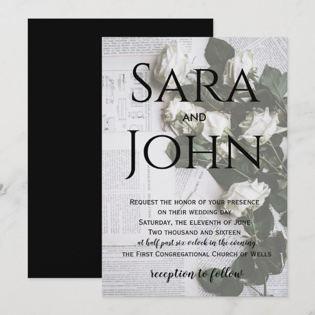 invitación de boda rústica de periódico floral (Anverso / Reverso)
