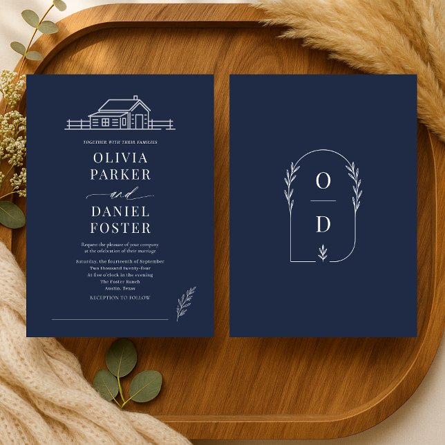 Invitación de boda rústica de rancho en azul marin (Subido por el creador)