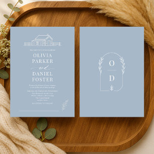Invitación de boda rústica de rancho en azul polvo