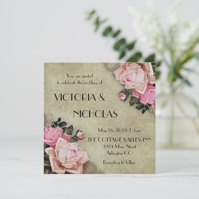 Invitación de boda rústica de rosas (Anverso de pie)