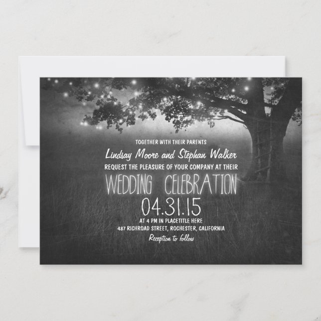 invitación de boda rústica en árbol de luces (Anverso)