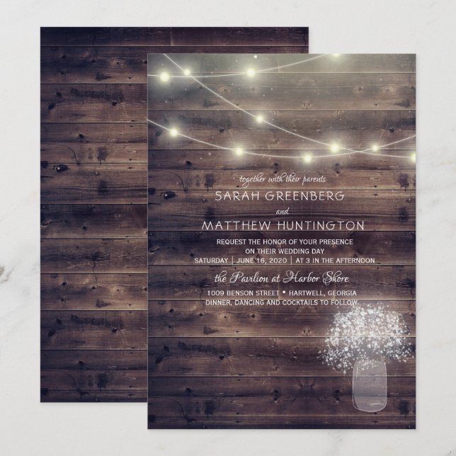 Invitación de boda rústica en frasco de Mason con  (Anverso / Reverso)