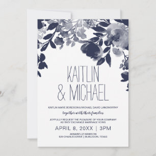 Invitación de boda rústica floral (azul marino)