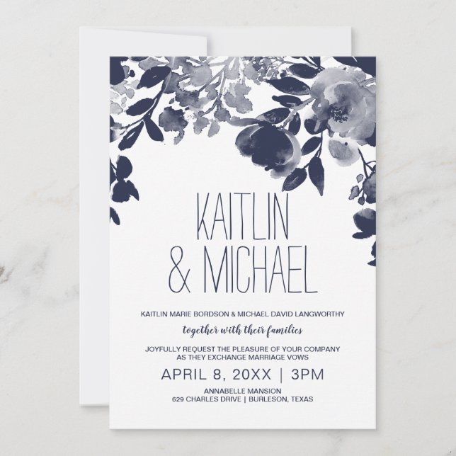 Invitación de boda rústica floral (azul marino) (Anverso)