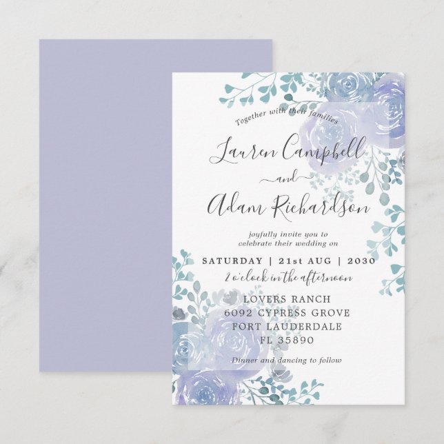 Invitación de boda rústica floral azul polvoriento (Anverso / Reverso)