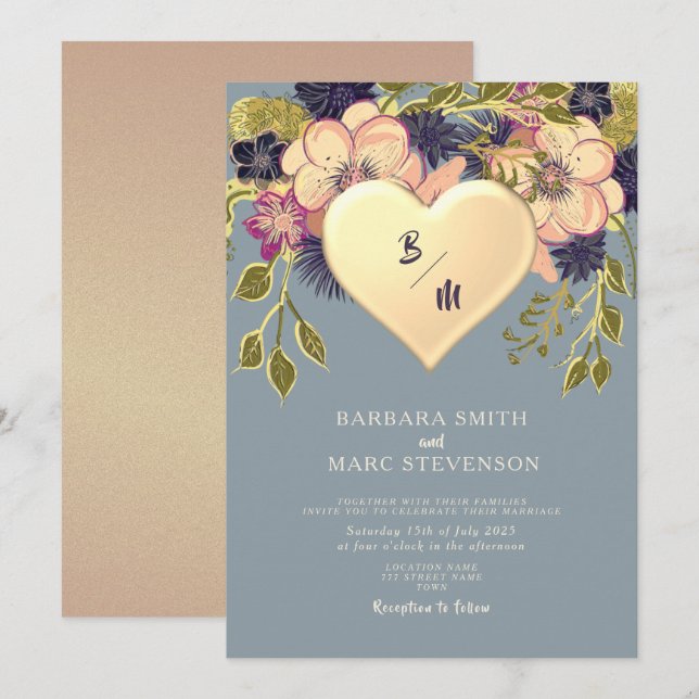 Invitación de boda rústica floral corazón dorado a (Anverso / Reverso)