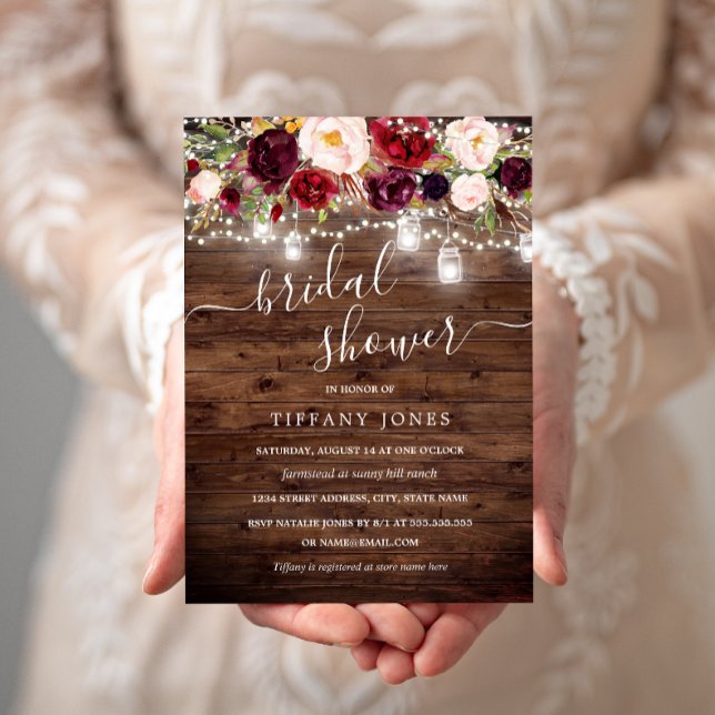Invitación de boda rústica floral de Borgoña (Subido por el creador)