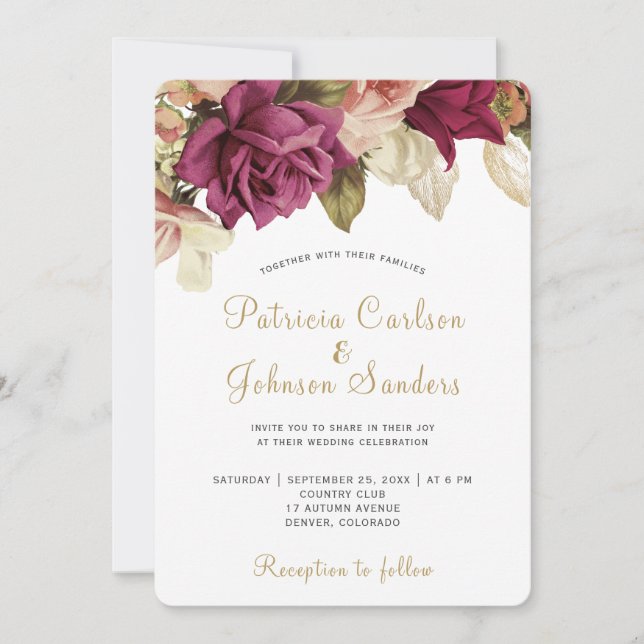 Invitación de boda rústica floral y elegante (Anverso)
