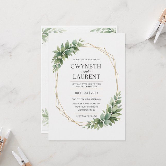 Invitación de boda rústica geométrica dorada con v (Anverso/Reverso In Situ)