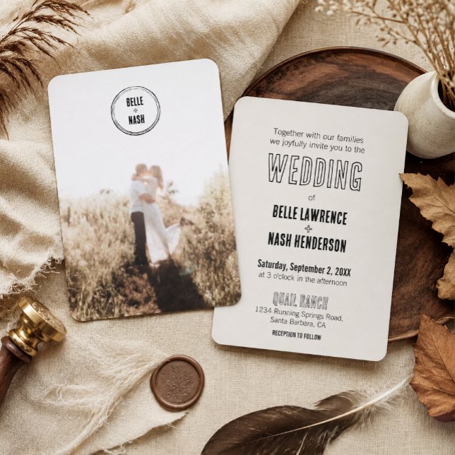 Invitación de Boda Rústica Moderna (Modern rustic boho wedding invitation featuring a personalized photo and elegant neutral design.)