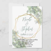 invitación de boda rústica verde y dorada