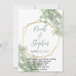 invitación de boda rústica verde y dorada
