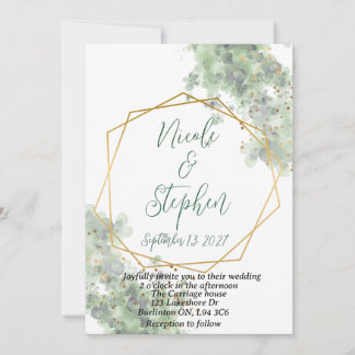invitación de boda rústica verde y dorada