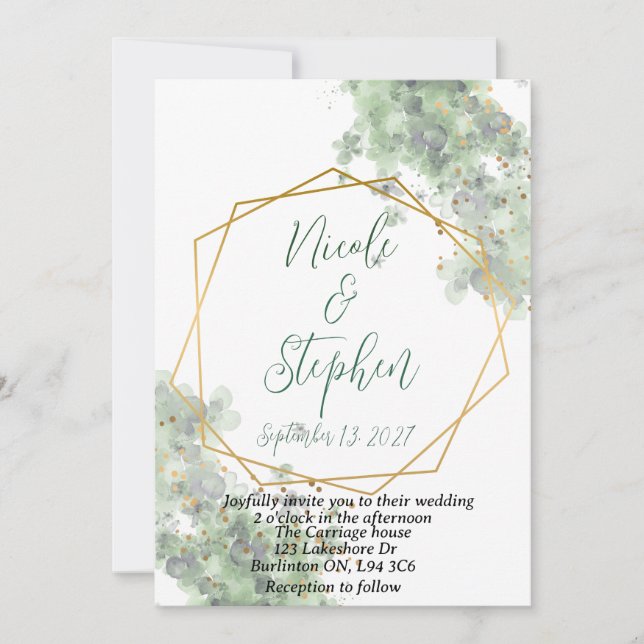 invitación de boda rústica verde y dorada (Anverso)